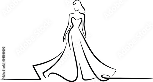 Elegant woman in a flowing wedding dress drawn with a single continuous black ink line