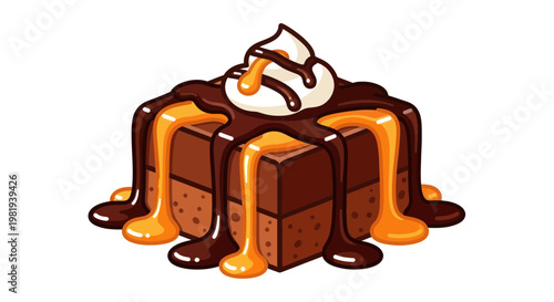 Decadent Chocolate Brownie with Caramel Drizzle and Whipped Cream