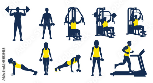 Fitness Silhouette Set: Gym Workout, Exercise, Weightlifting, Cardio