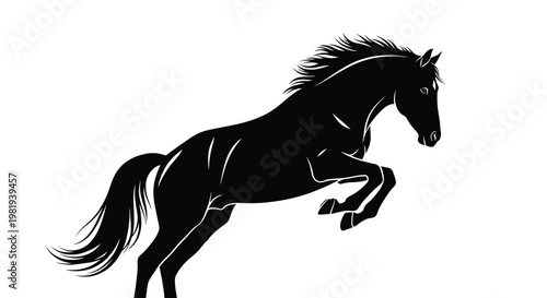 Majestic black horse silhouette jumping energetically while showcasing powerful muscles and graceful movement against a plain white background