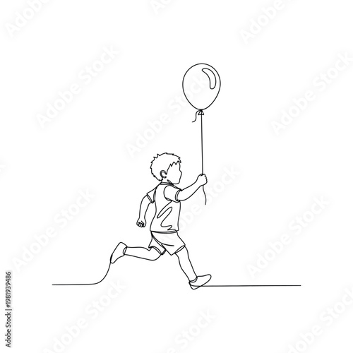 Minimalist Continuous Line Boy Running with Balloon Happy Childhood Scene Line Art Vector illustration.