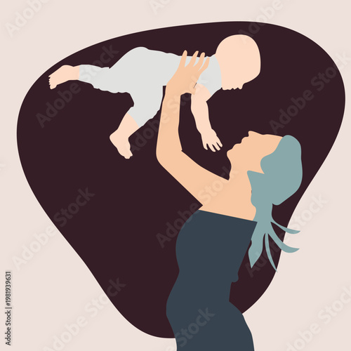 Mother holding baby loving flat illustration. Simple flat illustration of a mother holding her baby close, expressing warmth, care, bonding, and maternal love with a soft heart background.