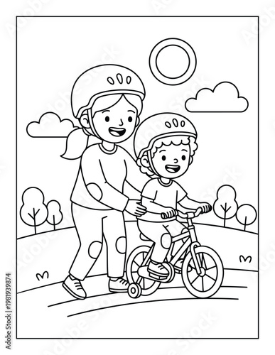 Mother helping child learn to ride bicycle safely in park with helmets and joy coloring page