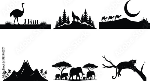 Black silhouettes of various animals and landscapes animal silhouettes landscape silhouettes ostrich