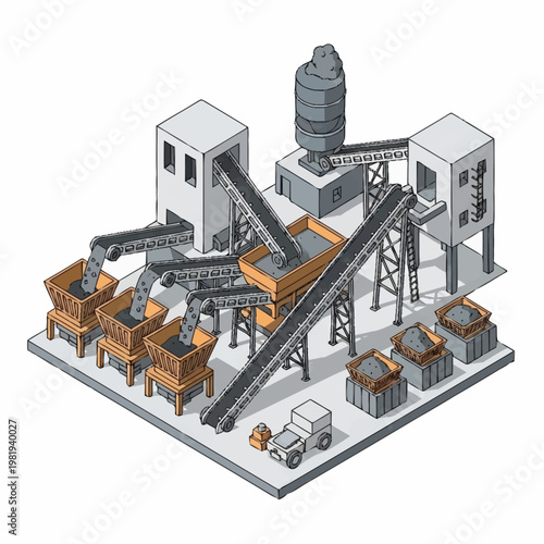 Isometric illustration of an industrial facility with conveyor belts and silos, processing raw materials.