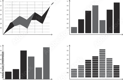 Four different monochromatic data visualization charts for analyzing business performance and tracking financial market trends
