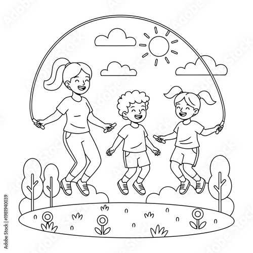 Kids coloring page showing children jumping rope outdoors in a playful sunny park scene for fun learning
