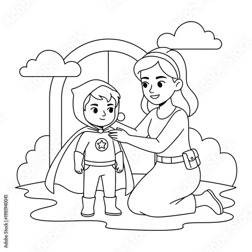 Mother coloring page showing a woman helping her child wear a superhero costume in a playful outdoor scene