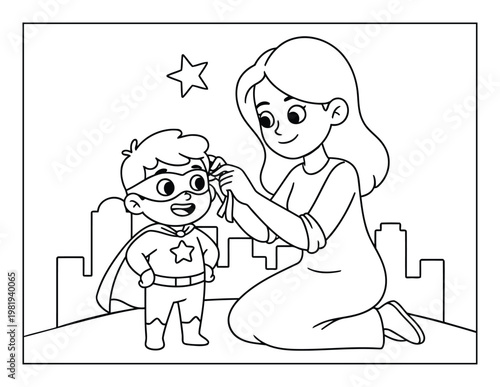 Mother coloring page showing a woman tying a superhero mask for her child in a playful city scene