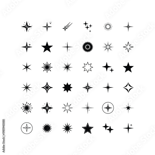 Minimalist Star Shape Set Magic Decorative Celestial Elements Line Art Vector illustration.