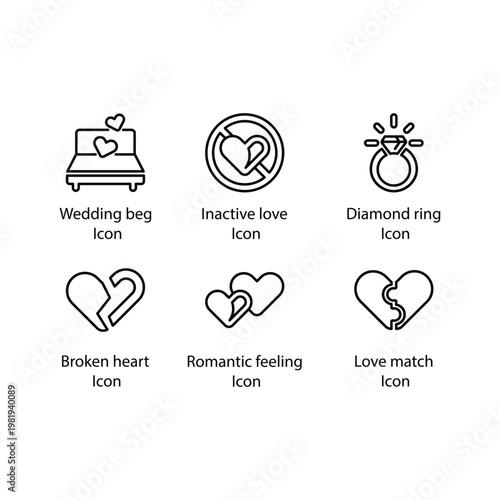 Wedding beg, Inactive love, Diamond ring, Broken heart, Romantic feeling, Love match, icon