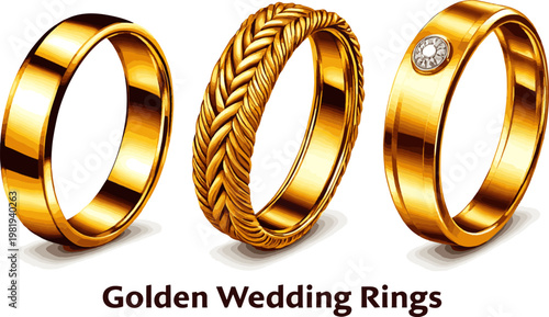 Create a realistic kinds of deferent Golden wedding rings vector art with white background..