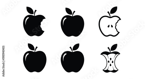 Various black apple icons illustrating the complete consumption process from whole fruit to core.
