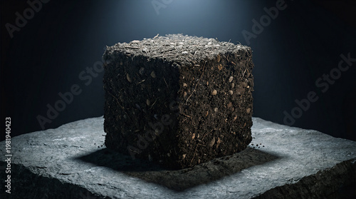 Compressed Waste Cube on Dark Background Representing Recycling Waste Management Environmental Pollution Sustainability Industrial Processing and Circular Economy Concept