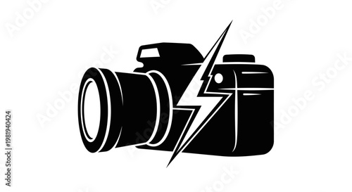 Camera with lightning bolt icon symbol.