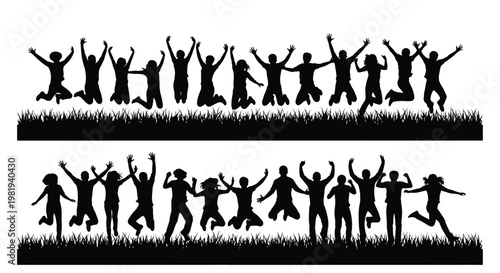Energetic silhouettes of diverse people jumping with joy and raised arms on a strip of grass.