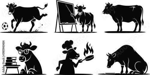 Black and white cow silhouettes in various activities cows