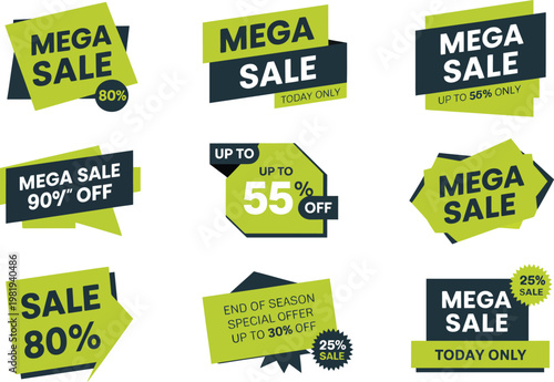 Green and dark gray sale tags featuring bold typography for retail marketing and promotional event campaigns