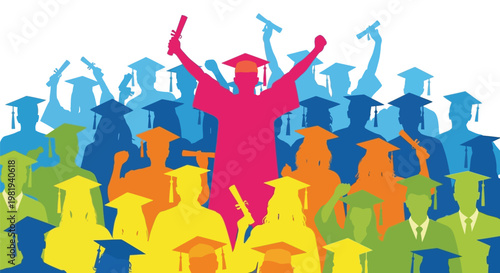 Cheerful diverse graduates in colorful robes celebrating academic achievement while holding diplomas together in a large group