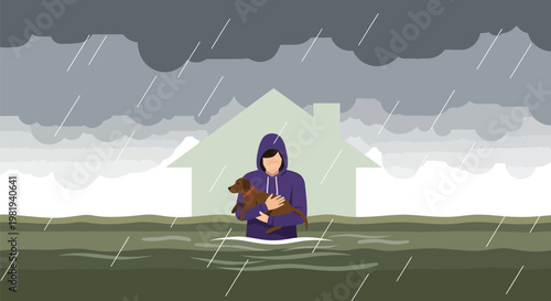 Person standing in deep flood water holding a small dog while wearing a protective hooded rain jacket