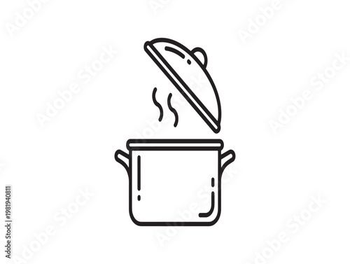 Hand drawn doodle of a steaming pot with lid simple kitchen illustration