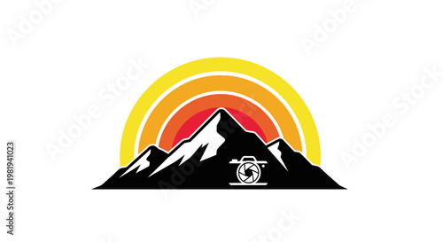 Mountain range with bear logo.