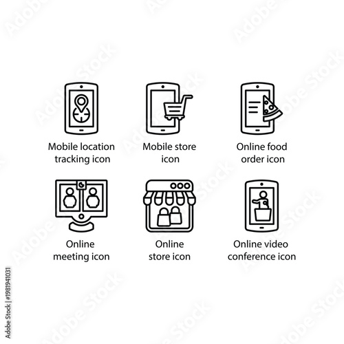 Location tracking, Mobile store, Food order, Online meeting, Online store, Video conference, icon