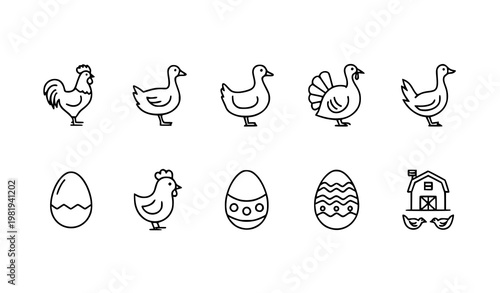 Minimal bird outline icons pack with poultry farm animals and easter egg symbols for modern design