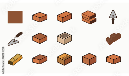 Brick filled icon set with construction masonry and gold bar symbols for building and material design