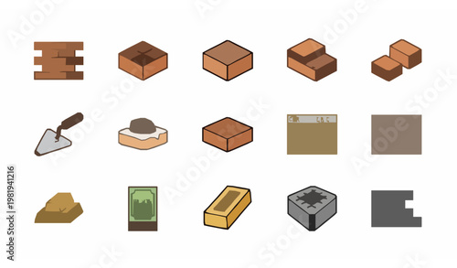 Minimal brick filled icons pack with masonry construction tools and gold bar symbols for modern design
