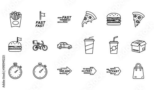 Editable fast outline icons collection with food delivery speed and takeaway elements for UI and app design