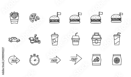 Minimal fast outline icons pack with delivery food and speed symbols for modern app and web design