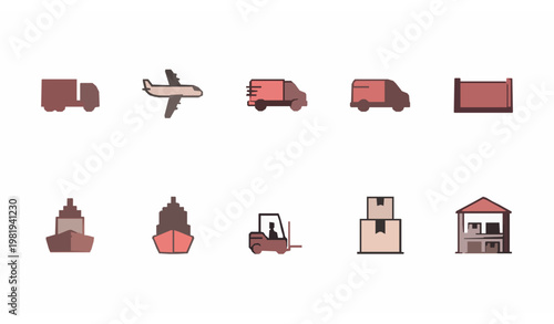 Minimal cargo filled icons pack with transportation and delivery vehicles for logistics and freight concepts