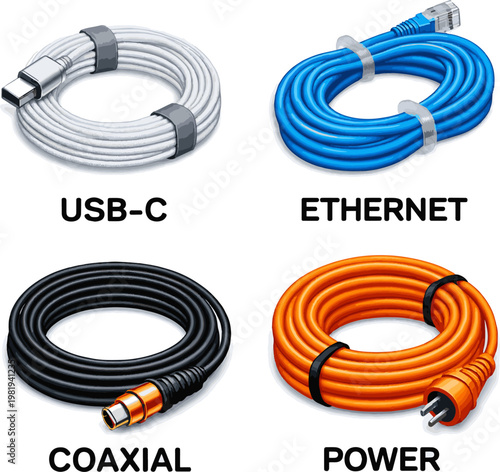 Create a realistic kinds of deferent Skein cable vector art with white background..