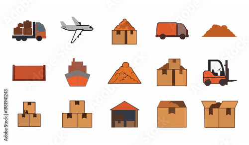 Flat cargo filled icons collection with truck airplane van and shipping elements for modern logistics design