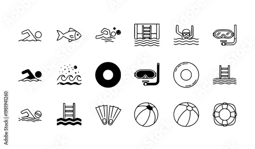 Editable swimming icons collection with filled and outline aquatic sport and pool elements for UI design