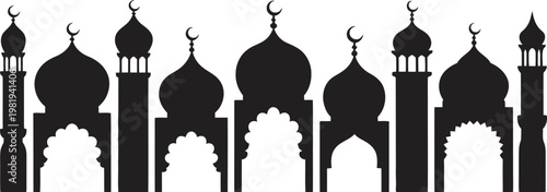 Vector illustration of fork knife and spoon with architectural silhouettes including church mosque cathedral temple castle tower city culture travel design