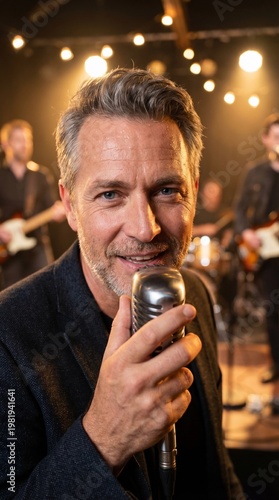 Man holds a microphone during a live music performance on stage in a venue with bright lights and a band playing in the background