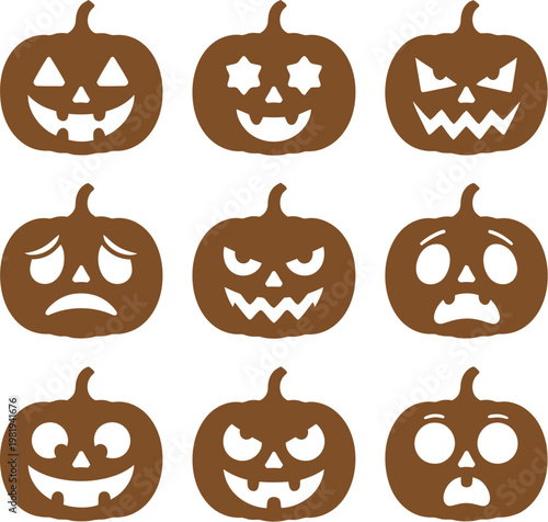 Halloween pumpkin icon set illustration with spooky cartoon pumpkins, ghosts, bats, and Halloween holiday symbols collection