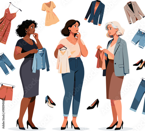 Create a realistic kinds of deferent Women who struggle with what to wear vector art with white background..