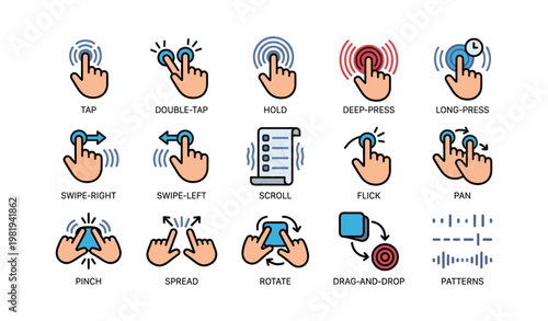 Touch gesture icons set displaying various interactions and controls