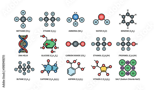 Collection of molecular structures: methane, dna, glucose, caffeine, vitamin c