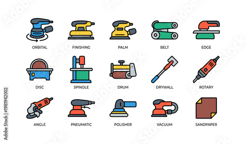 Colorful illustration of various power tools and equipment icons