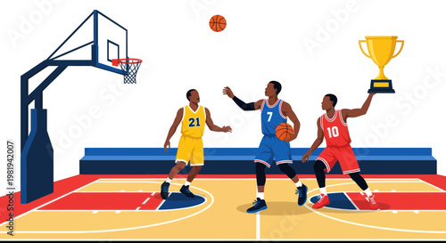 Basketball players compete for trophy on court, sports victory celebration