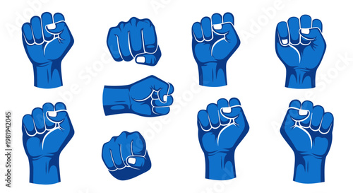 Blue Fists Raised: Symbol of Power, Solidarity, Protest, Unity, Strength