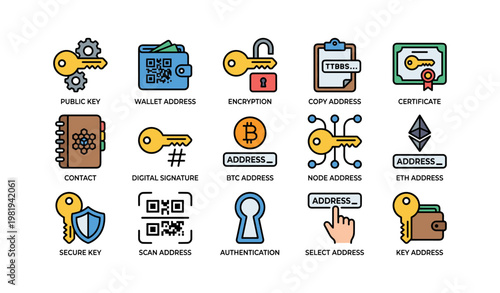 Secure digital asset management icons: keys, encryption, cryptocurrency symbols
