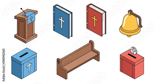 Church Icons: Pulpit, Bible, Bell, Benches, Donation Boxes, Christian Symbols