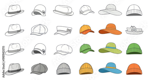 Collection of Diverse Hats and Headwear Styles, Hand-Drawn Illustration
