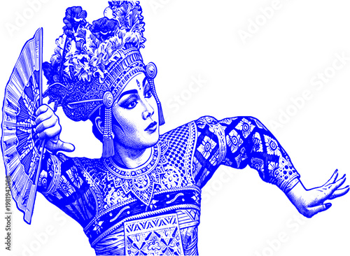 A vintage engraved illustration of a graceful Balinese dancer in ornate traditional costume, performing in an elegant cultural setting with musicians and intricate decorative details.