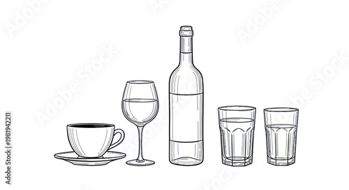 Hand-drawn sketch of a wine bottle, wine glass, coffee cup, and water glasses on white background